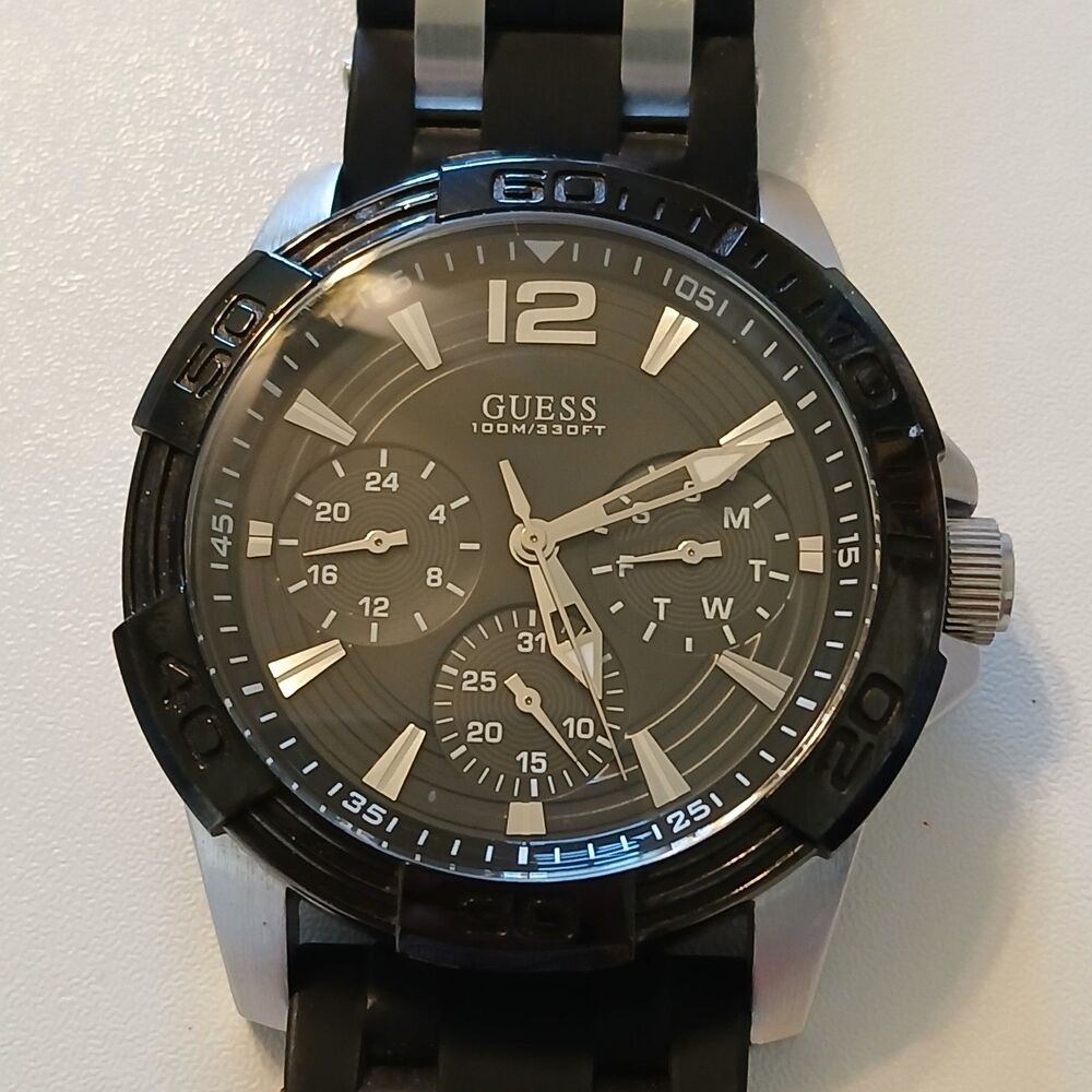 Guess Waterpro Men's Watch U0366G1 Black Silicone Strap Multifunction 43mm